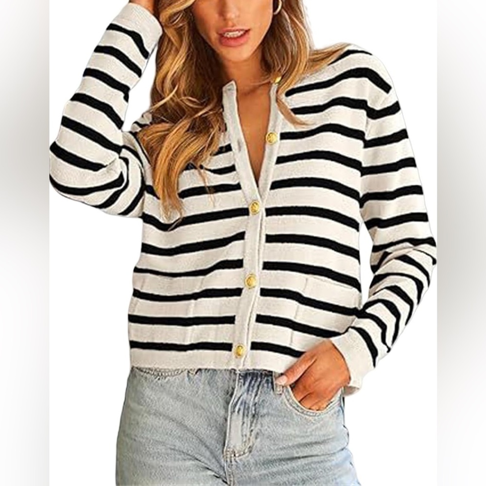 Striped Black and White Cardigan with Yellow Buttons